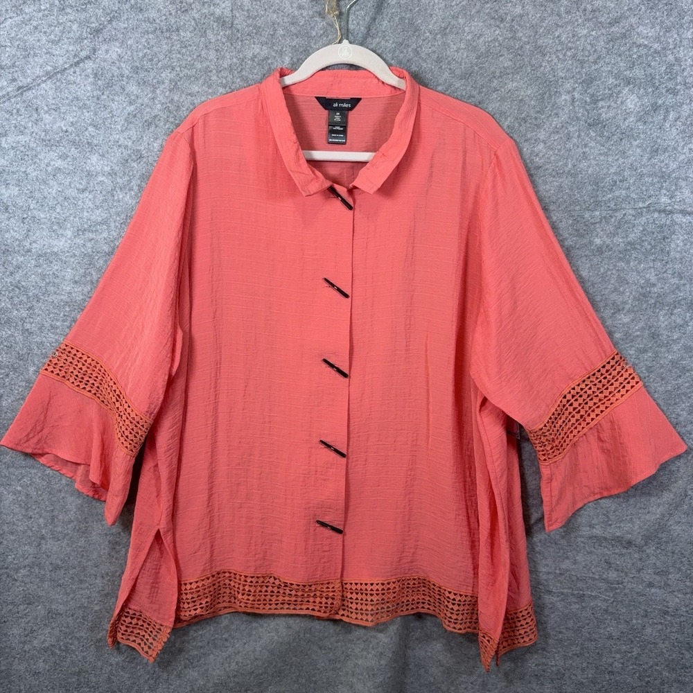 Ali Miles Tunic Blouse Womens 2X Coral Crepe Embroidered Side Slits NWT